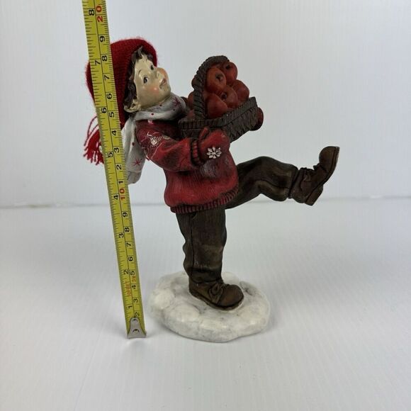Vintage Boy Carrying Apple Basket Rare Statue Winter Hat Scarf Red Figurine - Picture 7 of 12
